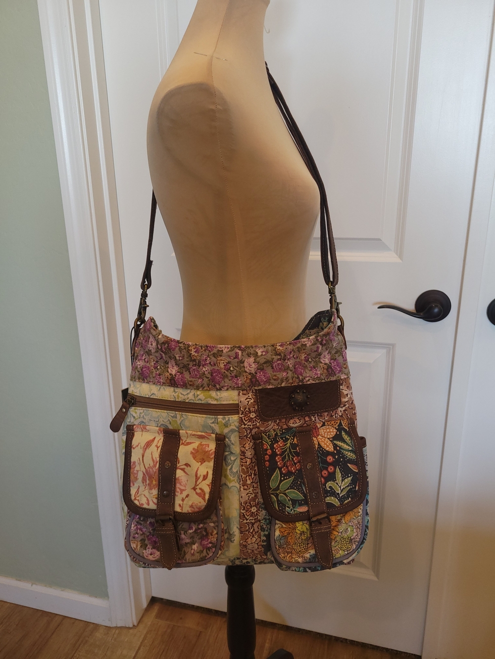 NWT Myra Bag  Floral Patchwork Saddle Bag in Purple, Brown, Cream